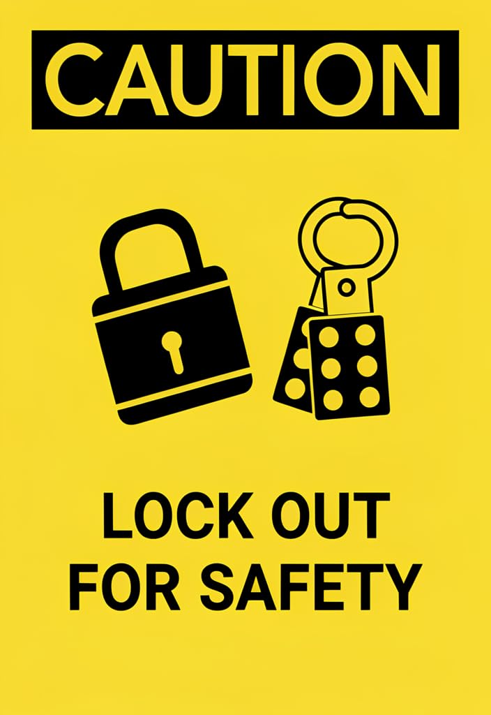 peiyeety Caution Lockfor Safety Tin Sign 12x8 Inch, Yellow/Black Industrial Warning Metal Wall Decor Plaque for Workshop Garage Factory, Safety Reminder Poster Gift Idea
