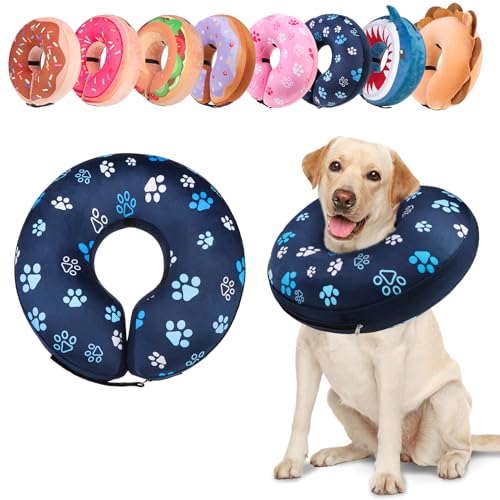 Image of BEAUTYZOO Dog Cone Alternative After Surgery for Large Medium Small Dogs, Soft Inflatable Cone Collar for Dogs Cats, Pet Neck Donut E Collar Dog Recovery Collars to Stop Licking, Navy Blue Paw L