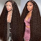 Harmsh 30 Inch Chocolate Brown Deep Wave Lace Front Wigs Human Hair 210 Density 13x6 HD Lace Frontal Wigs Human Hair Pre Plucked Brown Curly Glueless Wigs Human Hair for Women