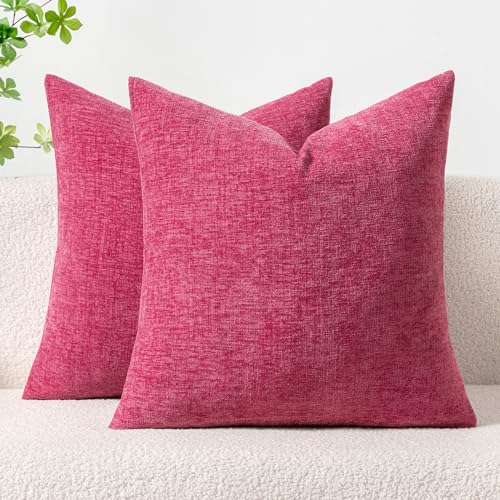 Image of MIULEE Pack of 2 Couch Throw Pillow Covers 16x16 Inch Soft Hot Pink Chenille Pillow Covers for Sofa Living Room Solid Dyed Pillow Cases
