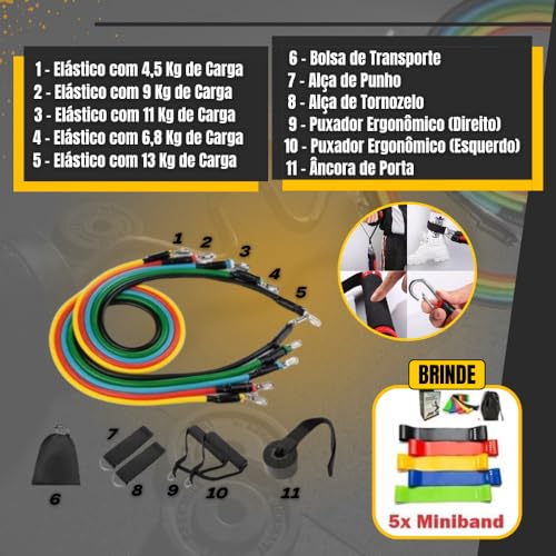 Kit Exercícios Em Casa 5 Mini Band + 11 Elastico Extensor Treino Malhar Musculação Fortalecimento Ac