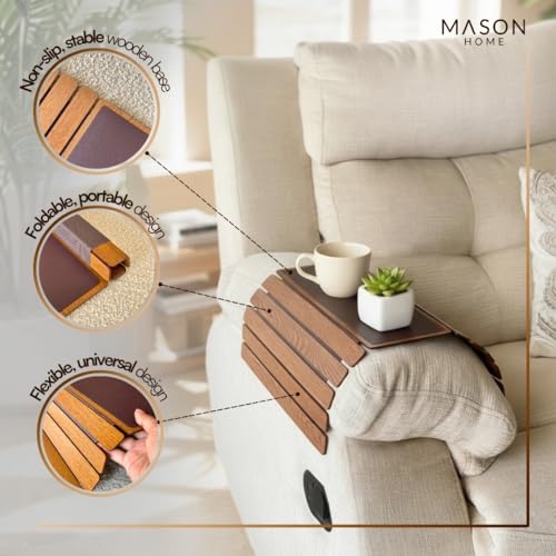 Image of MASON HOME Elm Sofa Armrest Tray - Brown Full Grain Bamboo Wood with Anti Slip Pad | Dining Tray | Home & Office Decor | Furniture | Serving Platter for Drinks - Appetizer - Snack Bowls