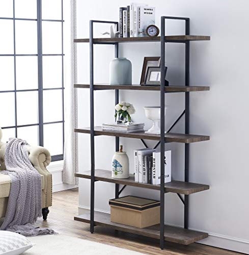 O&K FURNITURE 5-Tier Industrial Style Bookshelf, Wood and Metal Bookcases Furniture, 70