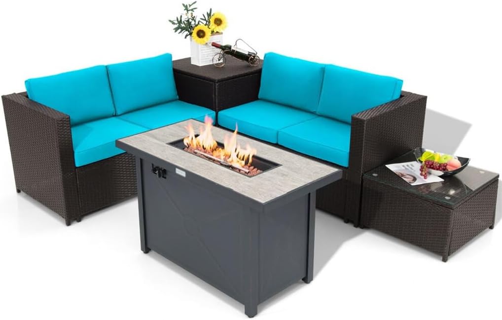 5PCS Patio Rattan Furniture Set Fire Pit Table W/Cover Storage Cushion Turquoise