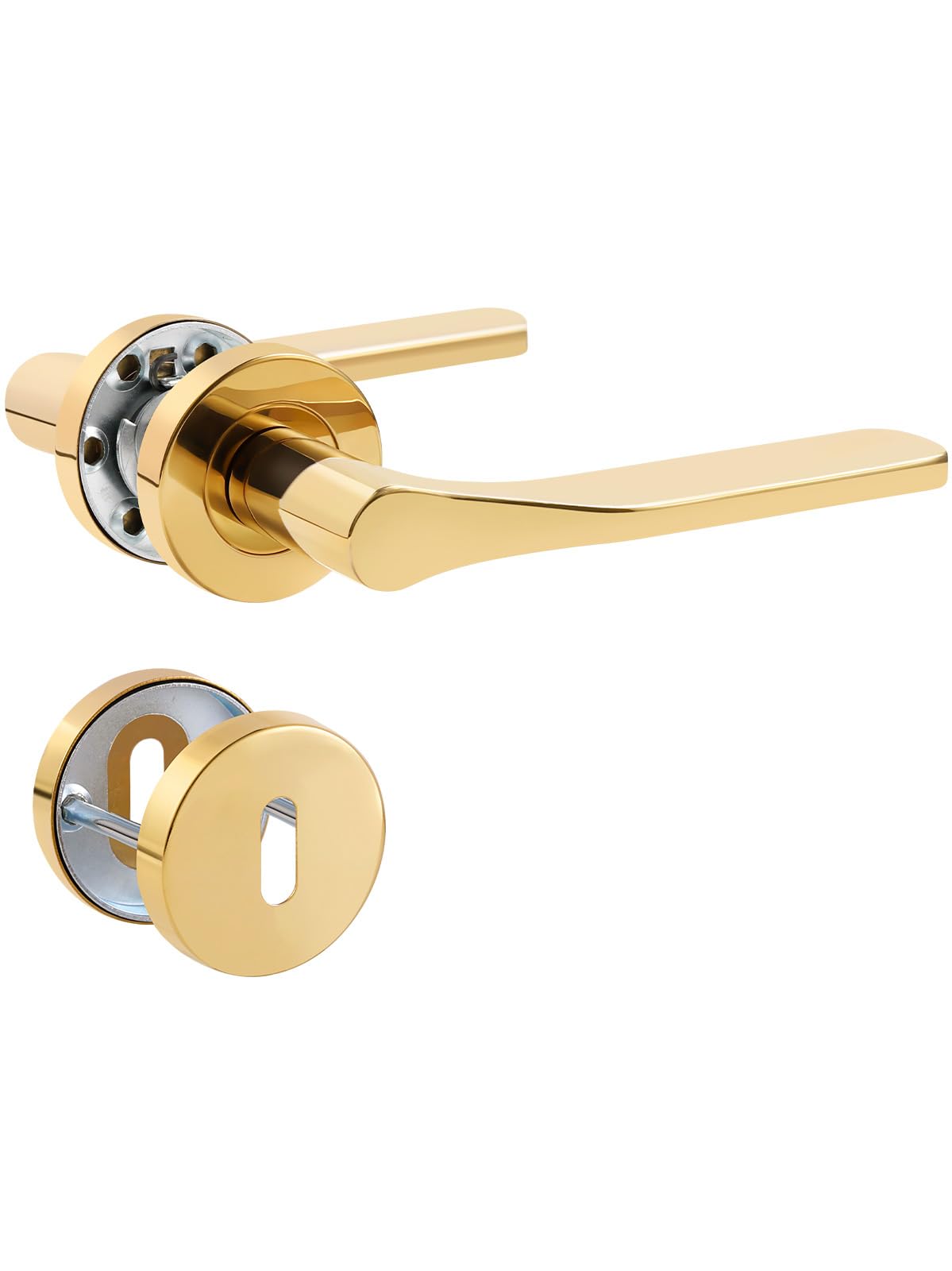 SORWDUERM 2 Pair Door Handle Pvd Gold Handle Set, Stainless Steel Matt, Door Lever for Front Door and Interior Door, L-Shape, Round Rosette, BB - Latch