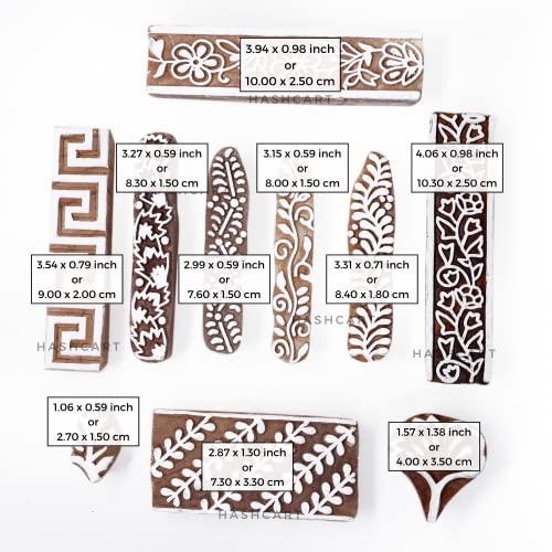 Image of Hashcart | Set of 10 | Wooden Multi Design Printing Blocks for Saree Border | Henna Mehndi Hand Printing | Handmade Stamps for Scrapbooking | Fabric Textile | Project Making | Art Craft