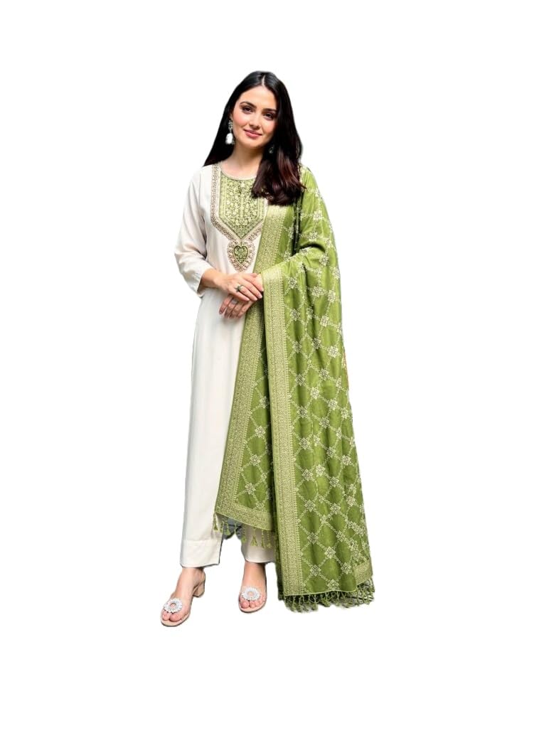 Women Rayon Kurti Pant Dupatta Set Designer Ethnic Dress Three Piece Suit Stylish Traditional Fashion Outfit Collection-image-0
