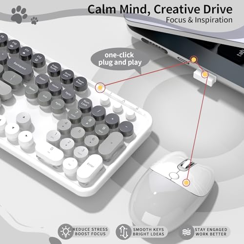 Image of Creamy Wireless Keyboard and Mouse, MOFII 104 Round Keycaps Retro Typewriter with OTG & Brush, Full-Size Ergonomic, Ideal for Windows PC, Home, Office and College Gray White