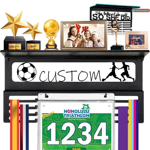 Image of Personalized Medal Holder with Name Display Rack for Awards Ribbons - Metal Custom Sports Race Plaques Hanger for Wall Mount Hold Up 63 Medal Hanger Display for Athlete Boy Girl Kid