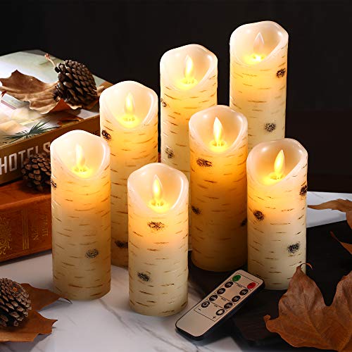 Flameless Candles with Birch Bark Effect Battery Operated Candles 5"5"6"6”7"8"9” Set of 7 Ivory Real Wax Pillar Dancing LED Flames Candles with 10-Key Remote Control and Cycling 24 Hours Time