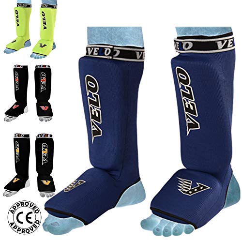 VELO Shin Instep Pads MMA Leg Foot Guards Kick Muay Thai Boxing Guard Protectors (Blue, S)