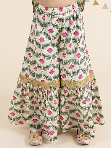 Image of Pspeaches Girls Off White Floral Yoke Design Empire Pure Cotton Kurti With Skirt With Dupatta (White)