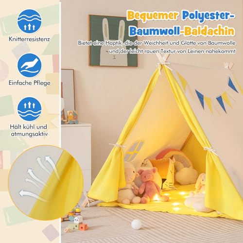 COSTWAY Tipi tent voor kinderen, tipi-kindertent voor binnen, speeltent, katoen en hout met venster en wimpelketting, kindertipitent, speelhuis voor jongens en meisjes, beige - Afbeelding 7