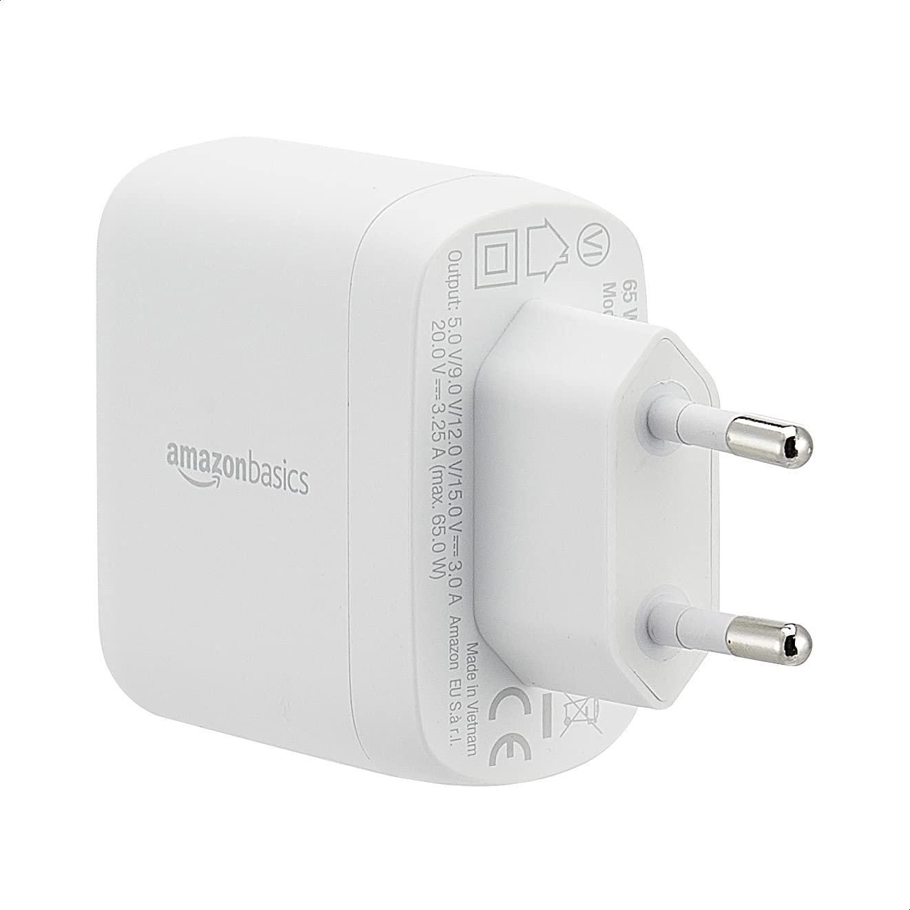 Amazon Basics - Caricabatterie USB-C da parete a 1 porta da 65 W, GaN, per laptop, tablet e telefoni cellulari con alimentazione, bianco (senza tecnologia PPS), 5,61 x 2,87 x 5 cm