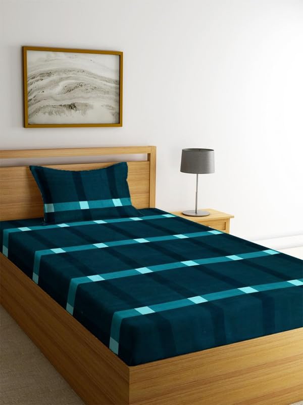 Image of la' amour Cotton Printed 160 tc Flat Single Bedsheets for Summer with Pillow Cover Breathable | Wrinklefree (Size-60 X 90 Inch) Floral, Navy Abstract Tile