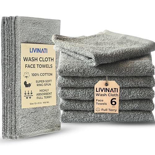 LIVINATI Gray 100% Cotton Wash Cloths for Showering Body and Face - 12X12 6 Pack Washcloths - Small Terry Towel Bath Rags for Adults and Kids Bathroom - Soft Absorbent