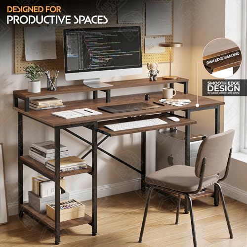 Image of ABOUT SPACE Study Table with Monitor Stand, Keyboard Tray & Bottom Storage - 25mm Metal Frame Gaming Table - Office Desk for Laptop, PC-Engineering Wood Computer Table(Walnut - L121.5 x B60.5 x H87cm)
