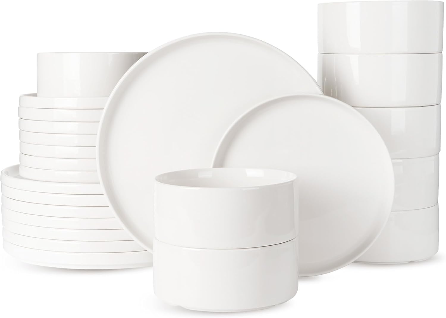 Famiware Porcelain Dinnerware Set, 24-Piece Modern Plate and Bowl Set, dish set for 8, Microwave and Dishwasher Safe Tableware, White White 8-Set(24pcs)