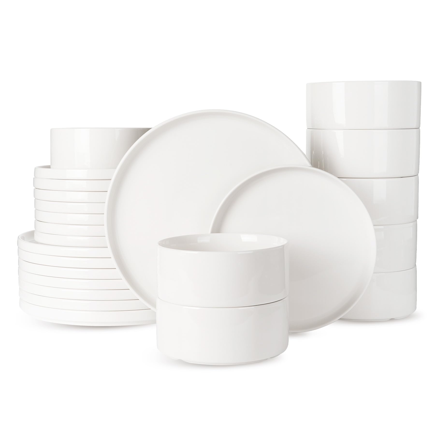 Famiware Porcelain Dinnerware Set, 24-Piece Modern Plate and Bowl Set, dish set for 8, Microwave and Dishwasher Safe Tableware, White