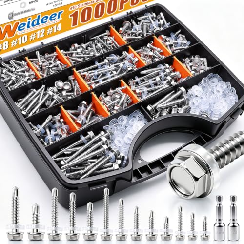 weideer 1000pcs Self Tapping Screws for Metal, #8#10#12#14,410 Stainless Steel Sheet Metal Screws Assortment Kit, Hex Washer Head Self Drilling Screw with Rubber Washer,Length 1/2" to 2''