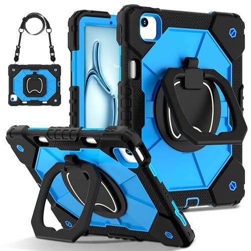 Étui iPad Air 11 M3 2025 antichoc bleu avec support rotatif et bandoulière