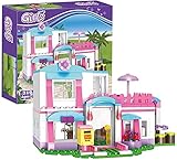 Juguetes de construcción de casas: la villa de playa de 2 suelos incluye dormitorio, terraza, cocina, sala de estar, jardín. Una bicicleta, un scooter, un columpio, una tumbona, un gato, 2 mini muñecas.