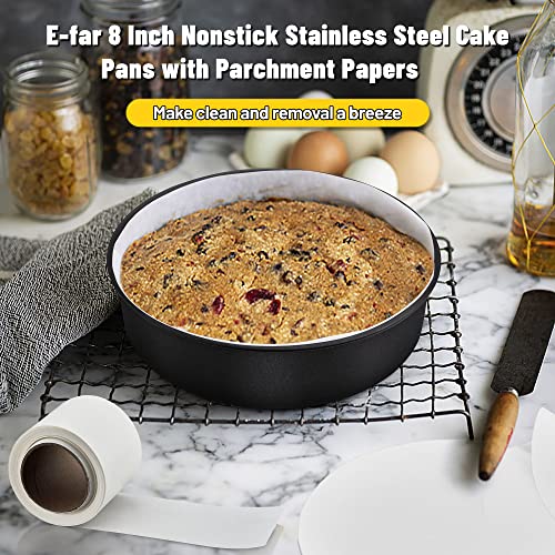 E-Far 8 Inch Cake Pans Set Of 2, Nonstick Stainless Steel Small Round Baking Pans With Parchment Paper & Side Liner Roll, Stainless Steel Core & Non-Toxic Coating, Straight Side & 2 Inch Deep #TOP5