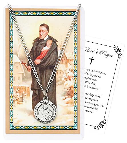 St Vincent De Paul Necklace with St Vincent Holy Card, Lord's Prayer Card - St Vincent De Paul Medal Jewelry | Catholic Patron Saint of Charitable Societies, Volunteers, Hospital | Total 3 Items