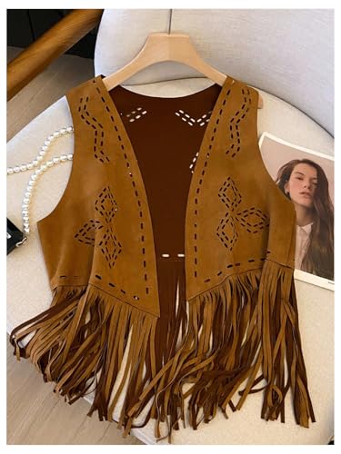 GORGLITTER Women's Fringe Vest Western 70s Hippie Sleeveless Hollow Out Suede Vest Tassel Cowgirl Concert Outfits4