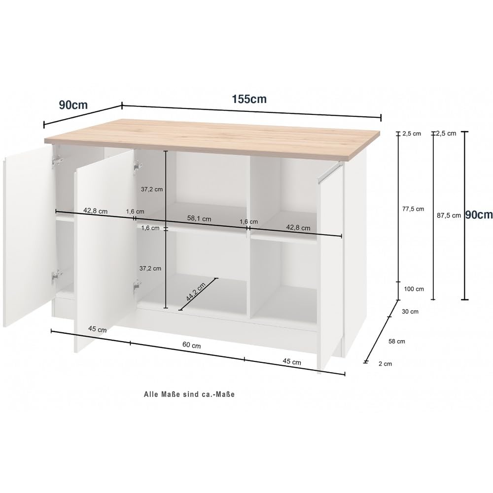 VE.CA - Isola Cucina Clarissa con Piano Lavoro 90x155x90 cm, Made in Italy - Mobile Cucina Moderno, Credenza con 3 Ante - Ideale come Tavolo da Pranzo - Bianco Lucido/Report