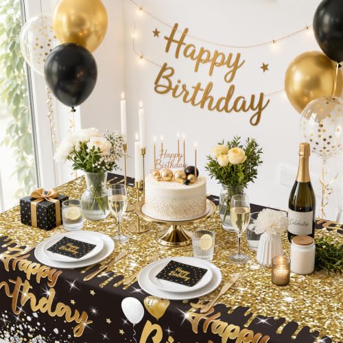 Image of Smiry Plastic Table Cloth Disposable 3 Pack, 54 x 108 Inch Rectangle Waterproof Tablecloth, Printed Gold Table Runner Style for Birthday Weeding, Party Decorations, Leakproof & Sturdy, Black and Gold