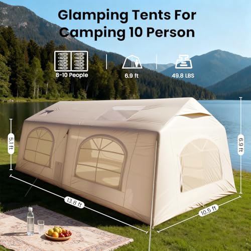 Image of Inflatable Tents for Camping, Blow Up Tent with Hand Pump, Easy Setup Inflatable Hot Tent with Stove Jack, Waterproof Oxford Air Glamping Tents for Camping Adult 4 /6 /8 /10 /12 Person Upgrade Version