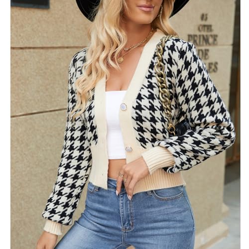 Sexybody Women' s Cropped Cardigan Sweaters Button Down Houndstooth V Neck Long Sleeve Open Front Knit Sweater Jacket Tops4