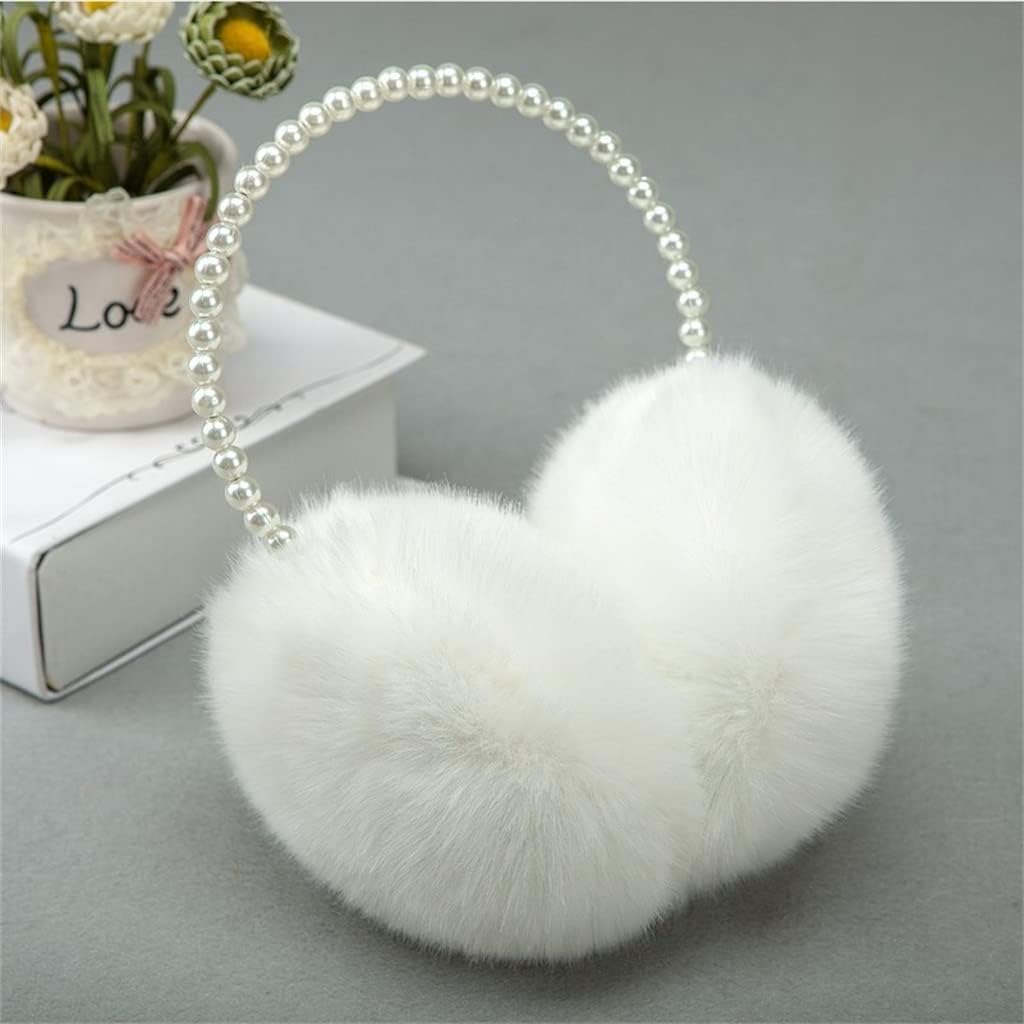 Women Girls Winter Fluffy Plush Earmuffs Thicken Imitation Pearl Beaded Headband Ear Warmer Styling Headwear
