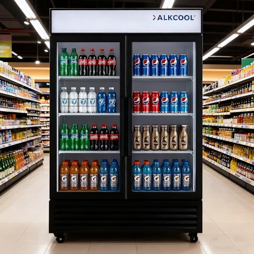 Image of Commercial Beverage Refrigerator Display Fridge,Two Glass Door Upright Merchandiser Drink Cooler with LED Light Adjustable Shelves,46 Cu Ft,ETL Sanitation,(Wheels Included)