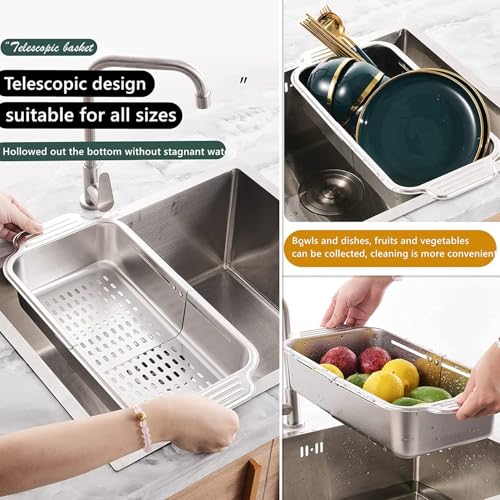 Image of KRESHU Sink Strainer Basket | 17.5 Inch Kitchen Sink Basket Strainer Steel Expandable Over Sinks Colander for Washing Vegetables, Fruits, Draining Pasta & Drying Dishes | Pack of 1