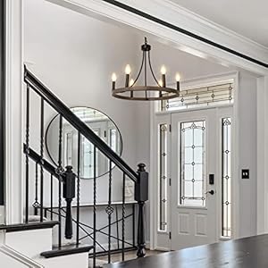 Wagon Wheel Chandelier, 6-Light Farmhouse Chandelier Round Rustic Faux Wood Black Chandeliers for Dining Room Kitchen Island Living Room Entryway Foyer Lighting Wagon Wheel Chandelier 6 Light Farmhouse Chandelier Round Rustic Faux Wood Black Chandeliers for Dining Room Kitchen Island Living Room Entryway Foyer Lighting