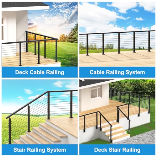 Image of 10FT Rectangular Cable Railing Handrail, Black Stainless Steel Handrail with Nylon End Caps for Deck Stair Railing System, 10' Flat Top Cuttable Deck Cable Rail Post System, RG01-H