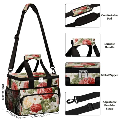 Flowers Insulated Picnic Backpack Lunch Box for Women Men Picnic Basket Tote Lunch Bag Picnic Bag Portable Lunch Bags for Picnic, Beach, Work, Trip,Office, Camp Beautiful Rose Floral