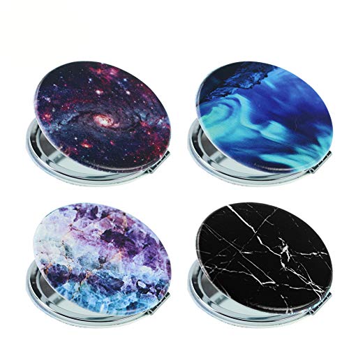 QIELIZI PU Metal Compact Mirror (Set of 4) ,Pocket-Size Travel Beauty Makeup Mirror 2-Sided with 3X Magnifying Mirror and 1X Mirror, Best Gifts - Perfect for Purses,Pack of 4(Scene Marble)