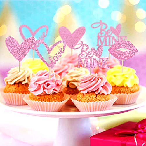 Cyodoos 24Pcs Pink Love Heart Cupcake Topper Sexy Lip Be Mine Cupcake Picks For Valentine's Day Decoration Wedding Party Decoration #TOP3