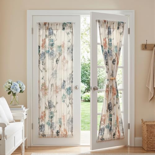 Image of MYSKY HOME Floral Linen French Door Curtains 72 inch Long 2 Panels for Front Door Light Filtering Privacy Semi Sheer Window Curtains with Rod Pocket, Brown, 24 inch W Each Panel