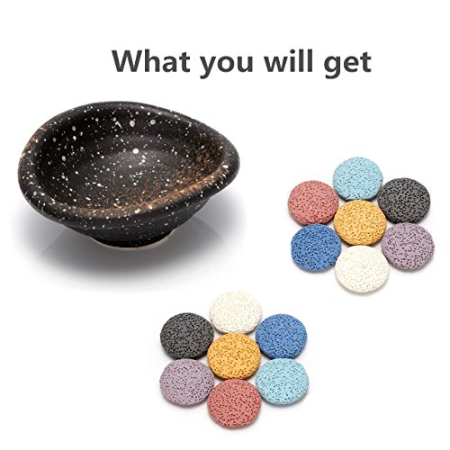 Top Plaza Lava Rock Gemstone Aromatherapy Essential Oil Diffuser Set - Oval Shape Ceramic Incense Burner/Ware/Holder/Bowl With 14Pcs Round Lava Stone Beads