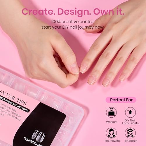 Image of Beetles Gel Nail Tips Etch-X- Square Extra Short, 384pcs 12 Sizes | Pre-Etched Half Matte Full Cover Soft Gel Nail Tips, Press on False Nail Extension Acrylic Fake Nails, Easy DIY Salon Art