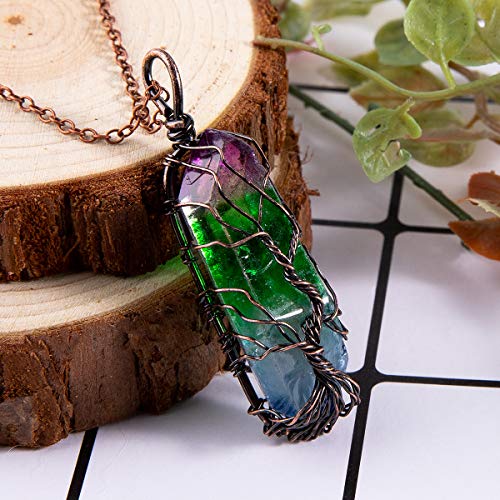 Bivei Tree of Life 7 Chakra Gemstone Copper Wire Wrap Irregular Clear Quartz Point Crystal Pendant Necklace(Bronze Titanium Coated Multi Color #2)
