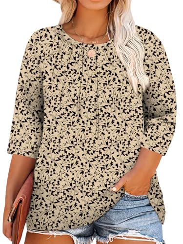 Image of Chulianyouhuo Womens Plus Size Tops 3 /4 Sleeve Casual T Shirts | Crew Neck, Pleated Blouse Tee, Dressy Casual Shirts, Loose Fit Tunic Tops, Soft Fabric, Going Out Outfits