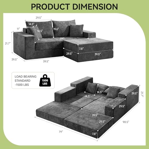Image of 79 inch Boneless Cloud Modular Sectional Loveseat Sofa Couch, Dark Grey