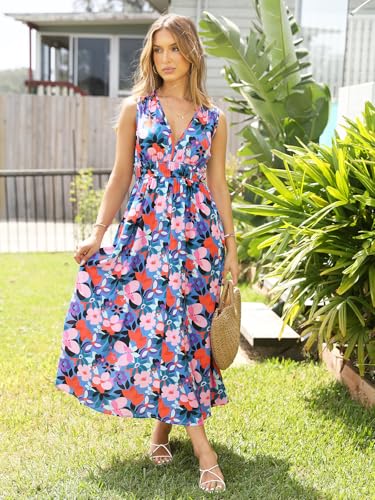 womens summer sleeveless v neck boho long dress floral print midi sundress