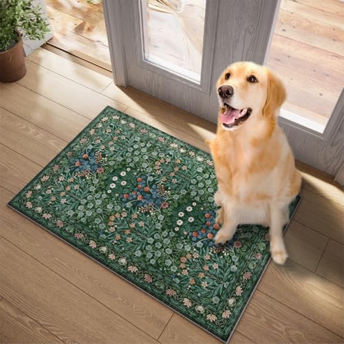 Image of Floral Non-Slip Washable Entryway Rug, 2x3 Boho Forest Design Green, Soft Indoor Door Mat for Kitchen, Bedroom & Bathroom, Ultra-Thin Easy Clean Small Throw Carpet