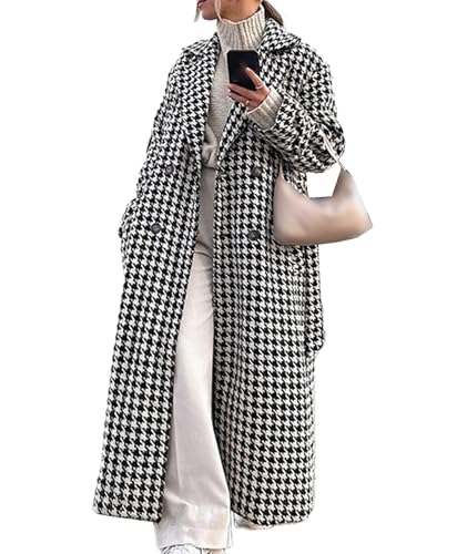 SOMTHRON Women's Houndstooth Trench Coat Double Breasted Notch Lapel Jacket Pea Coat Winter Long Overcoat with Belt